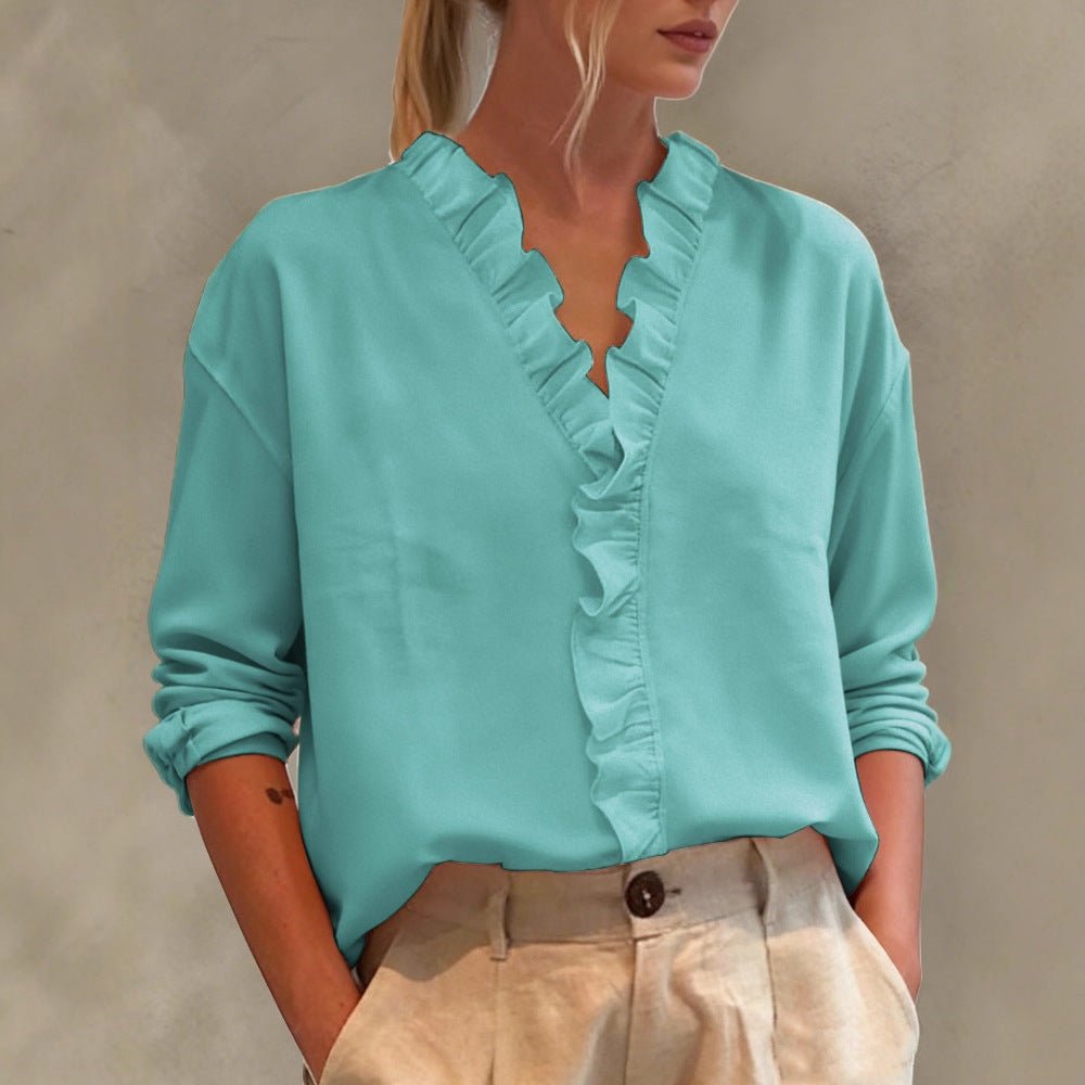 Womens Casual Long - sleeve V - neck Blouse With Lace Trim - Maison Elène