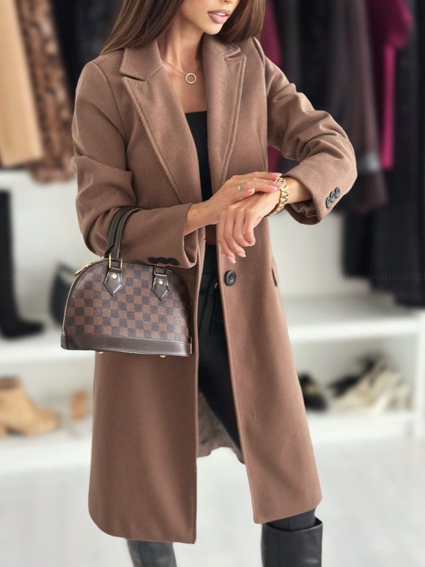 Lapel Single - breasted Wool Coat Winter Long Sleeve Solid Color Long Jacket Women Clothing - Maison Elène
