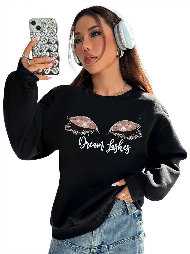 Women's Top Dream Lashes Sparkle Sweatshirt - Premium Oversized White Crewneck Graphic Pullover for Women only for US - Maison Elène