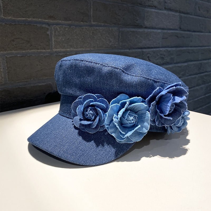 Denim Flat - top Cap Women's Three - dimensional Contrast Color Flowers - Maison Elène
