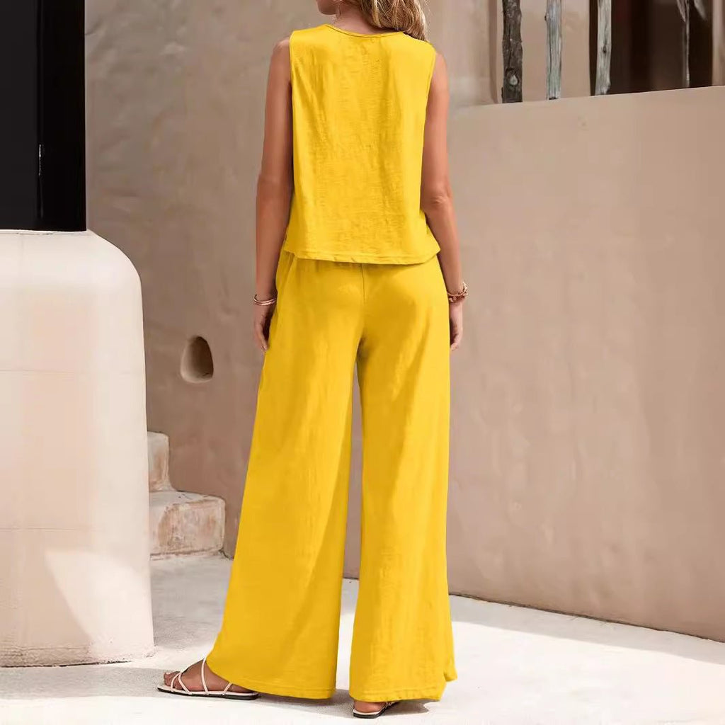 Solid Color Casual Loose Pants Sets For Women Elegant Spring Summer Women's Two Pieces Suit Full Trouser Set Female Outfit Clothes - GlucklichgoodsLLC