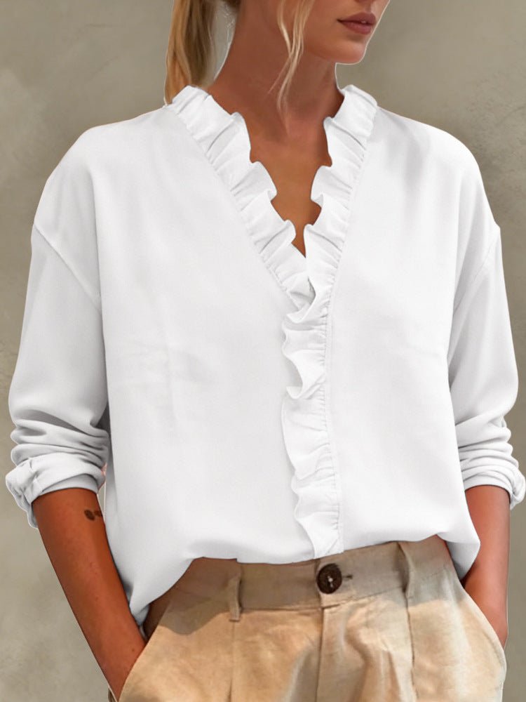Womens Casual Long - sleeve V - neck Blouse With Lace Trim - Maison Elène