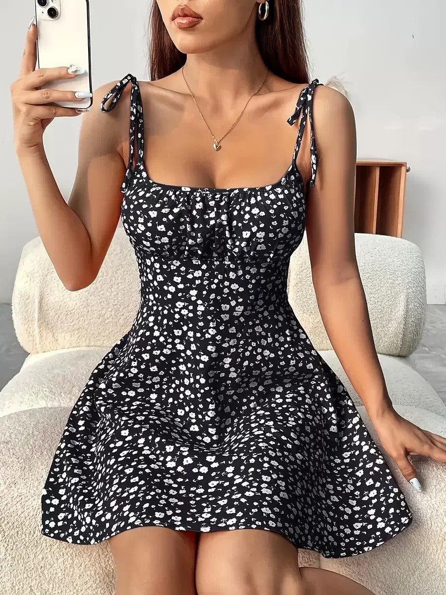 Floral Print Dress Summer Sweet A - Line Waist Trimming Dresses Women's Slimming Casual Clothing - Maison Elène