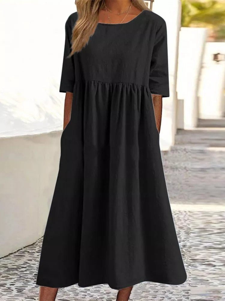 Women's Fashion Casual Cotton Linen Short Sleeve Pocket Dress - Maison Elène