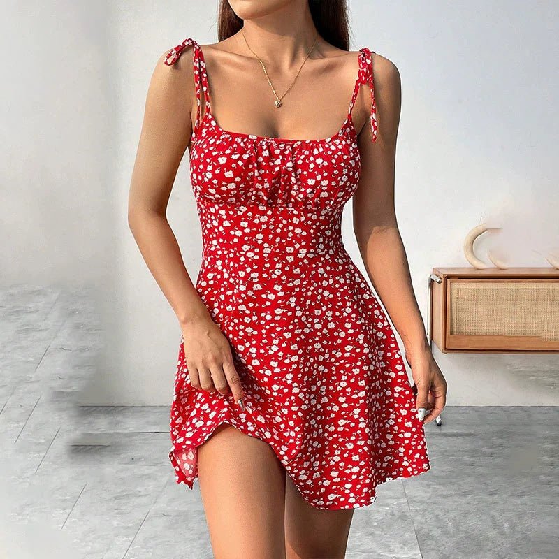 Floral Print Dress Summer Sweet A - Line Waist Trimming Dresses Women's Slimming Casual Clothing - Maison Elène