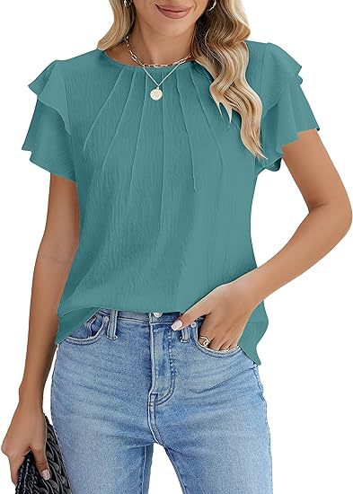 Summer Pleated Short Sleeve Round Neck Top Business Work Shirt - Maison Elène