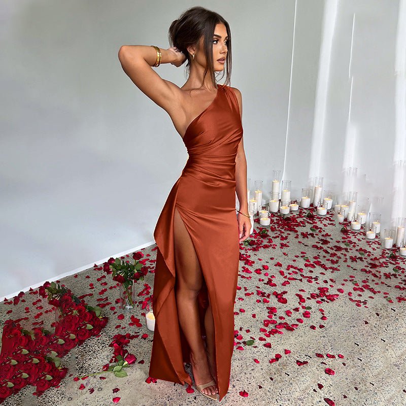 Sexy One - shoulder Backless Slit Dress Summer Elegant Slim - fit Solid Color Satin Dresses For Women - Maison Elène