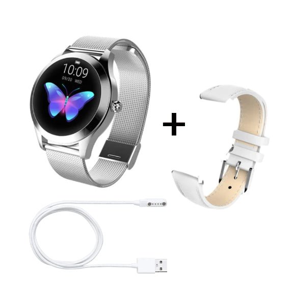 Luxury Women's Smart Watch - Elegant Silver Fitness Tracker with White Leather Band - Stylish Bluetooth Smartwatch for Android & iOS - Chic Wellness Gift - Maison Elène