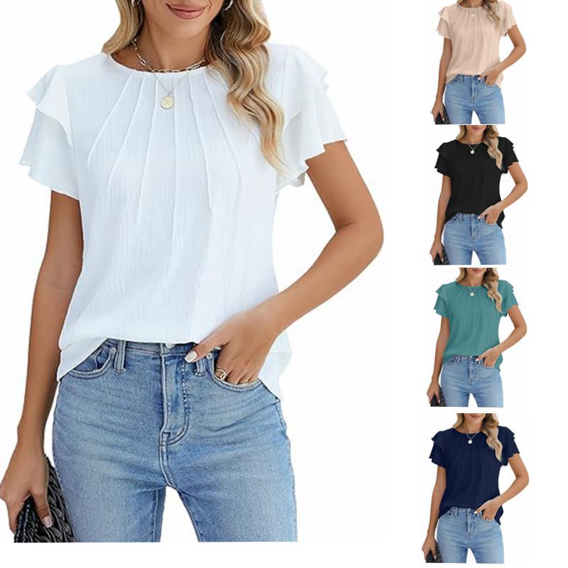 Summer Pleated Short Sleeve Round Neck Top Business Work Shirt - Maison Elène