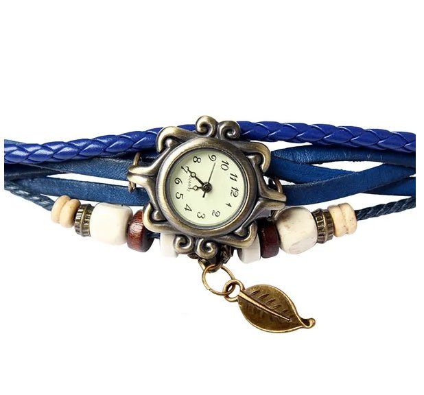Beautiful Bohemian Style Retro Handmade Leather Tree Leaf Women's Watches Blue - GlucklichgoodsLLC