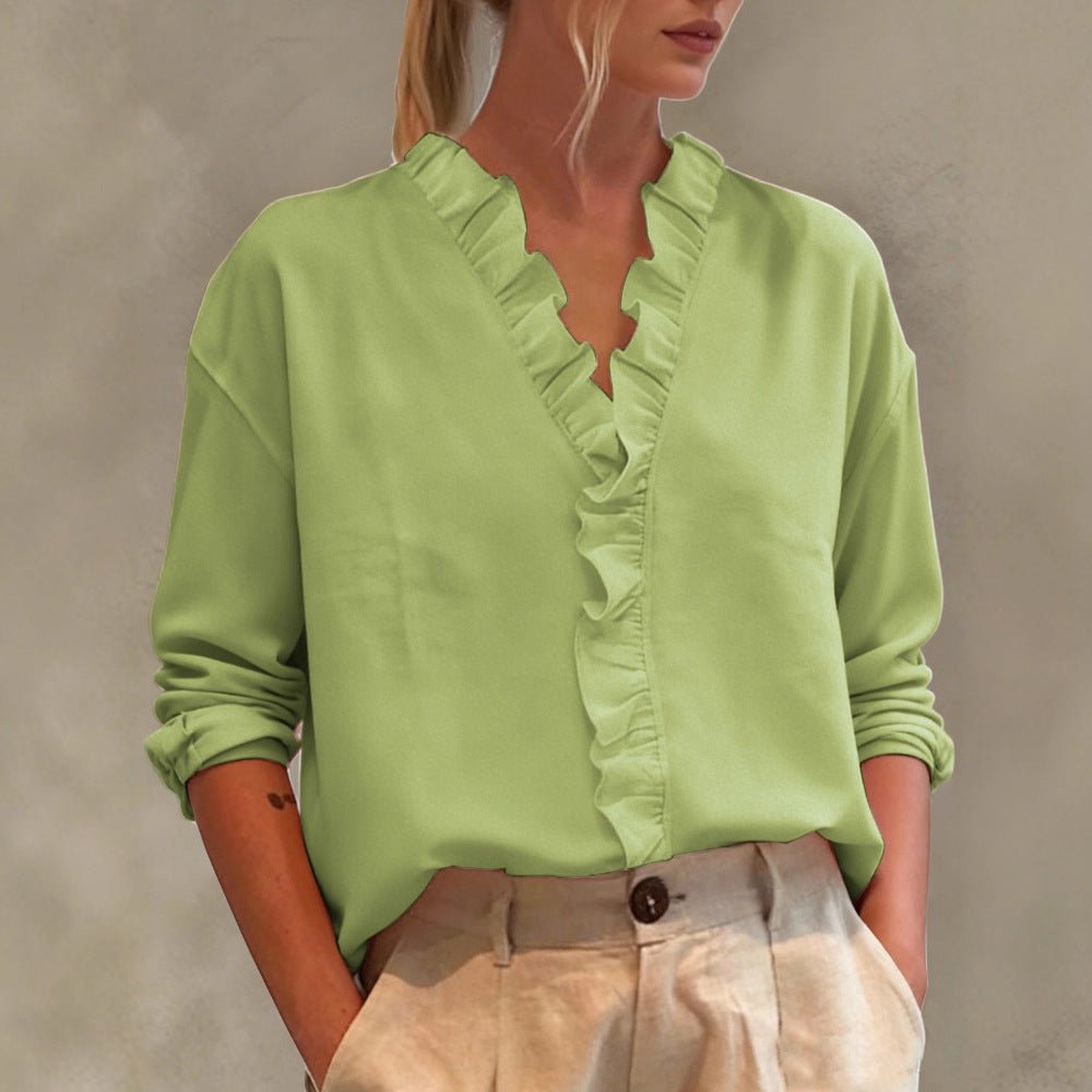 Womens Casual Long - sleeve V - neck Blouse With Lace Trim - Maison Elène