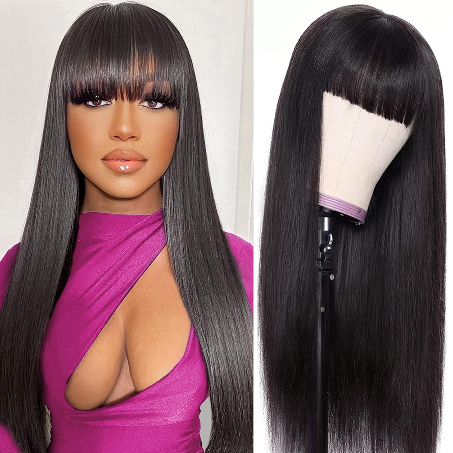 Machine Made Human Hair Wig With Bangs, Straight Natural Color Wig, 150 Density - Maison Elène