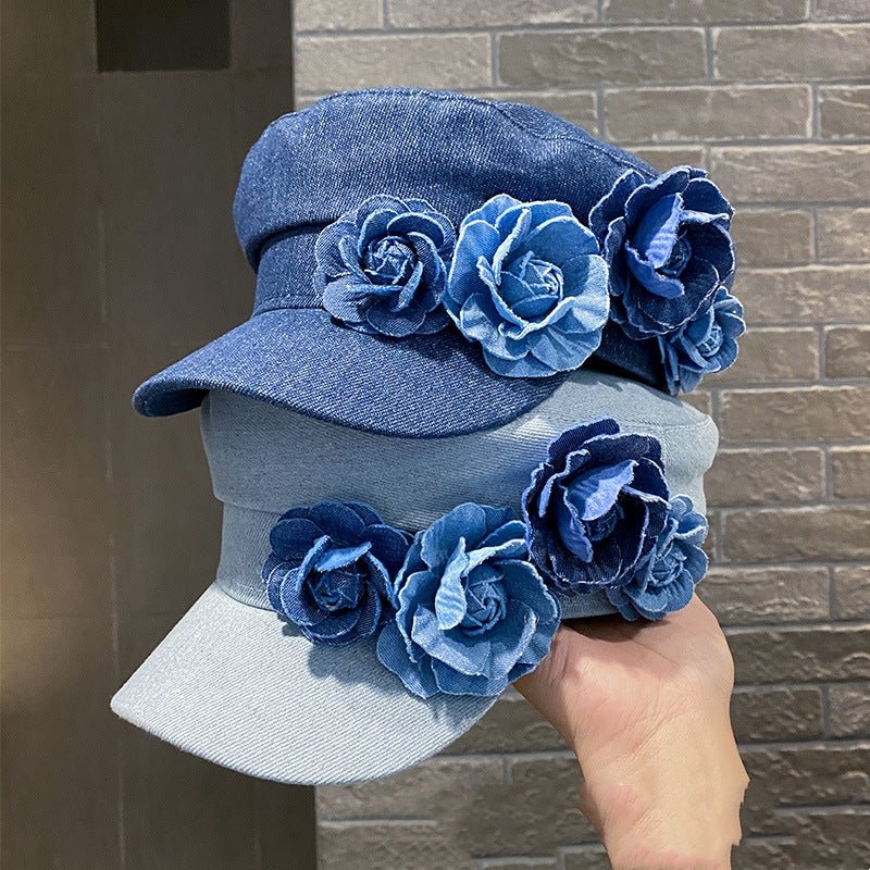 Denim Flat - top Cap Women's Three - dimensional Contrast Color Flowers - Maison Elène