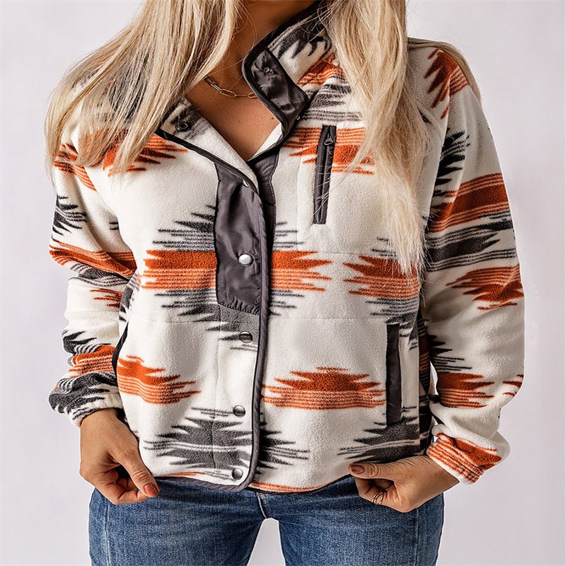Winter Women's Printed Cardigan Jacket Fashion Color Contrast Fleece Coat - GlucklichgoodsLLC
