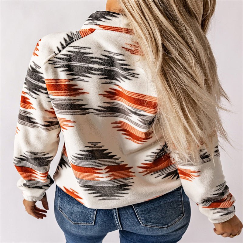 Winter Women's Printed Cardigan Jacket Fashion Color Contrast Fleece Coat - GlucklichgoodsLLC
