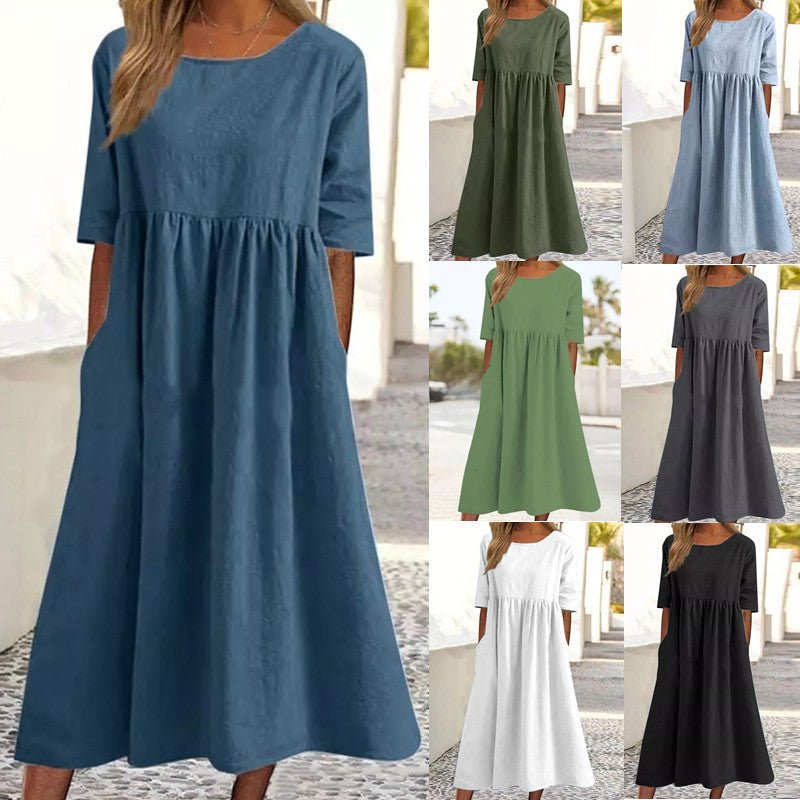 Women's Fashion Casual Cotton Linen Short Sleeve Pocket Dress - Maison Elène