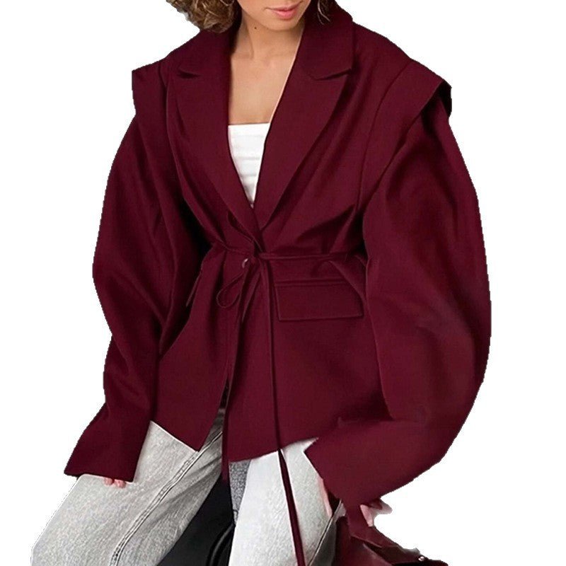 Thin Lace - up Loose Women’s High - Fashion Padded Shoulder Belted Blazer - Avant - Garde Long Sleeve Layered Jacket - Chic Waist - Tie Outerwear - Maison Elène