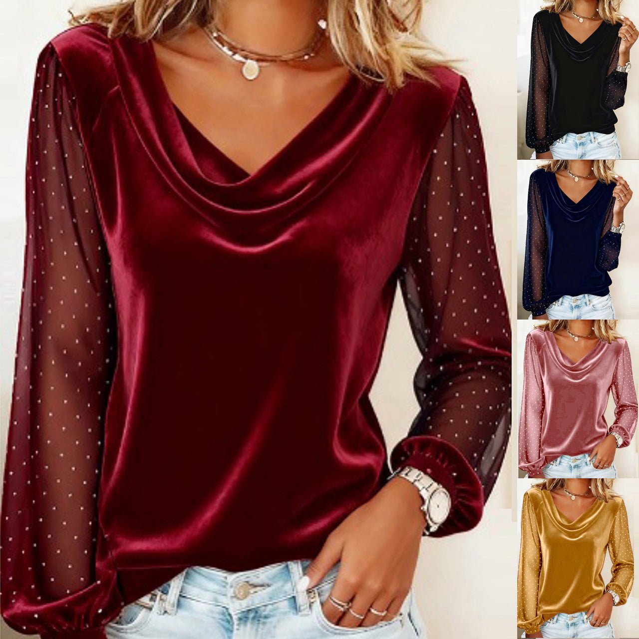 Women's Long Sleeve V - neck Velvet T-Shirt Women Elegant Diamond Mesh Sleeve Loose Tee Tops Christmas Clothes Women Shirt Red - Maison Elène