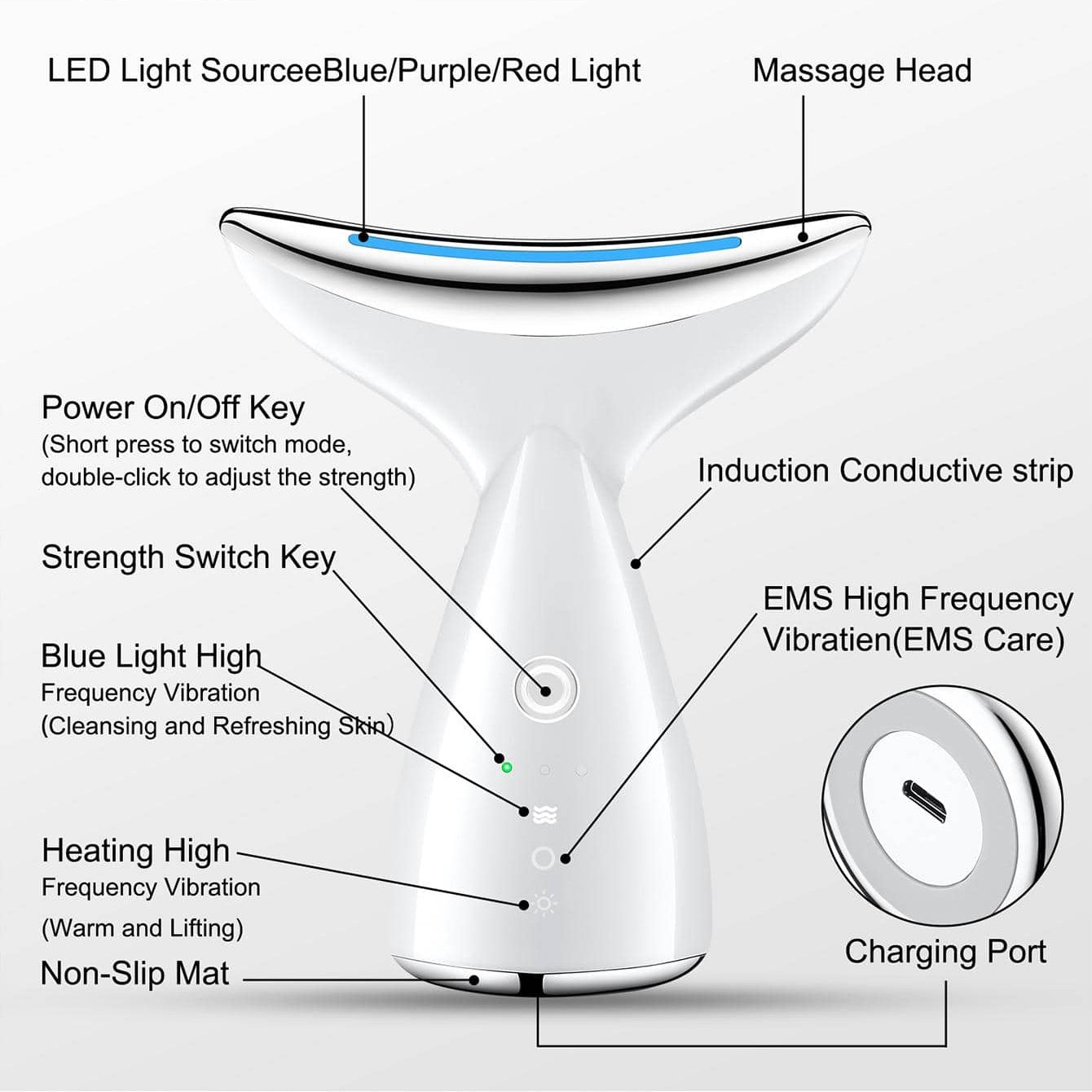 Face And Neck Tightening Device, Firm And Tightens Sagging Skin Face Neck Massager, Beauty Facial Massager For Women And Men - White - Maison Elène