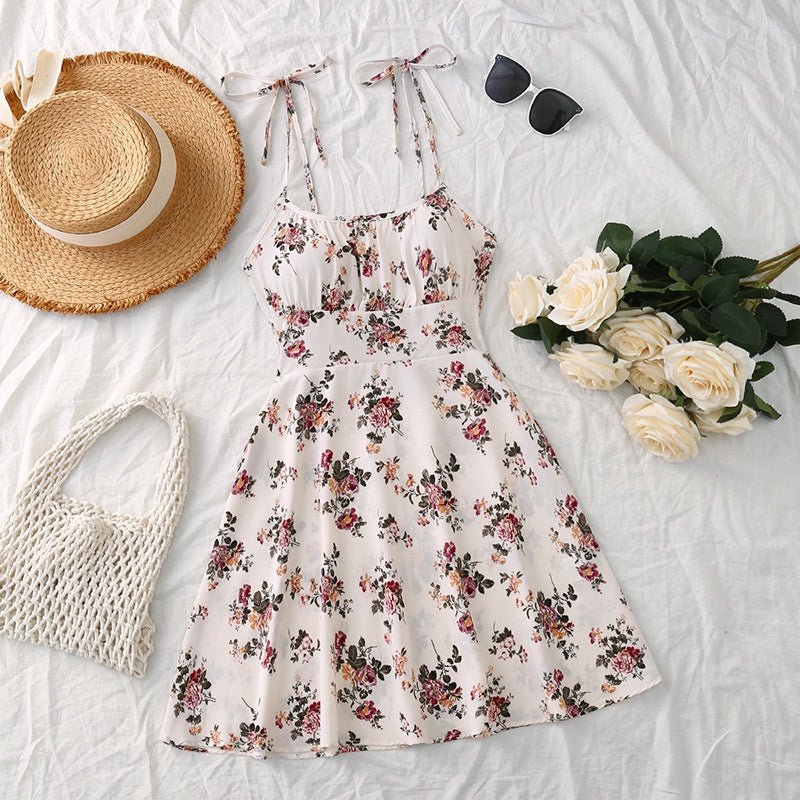 Floral Print Dress Summer Sweet A - Line Waist Trimming Dresses Women's Slimming Casual Clothing - Maison Elène