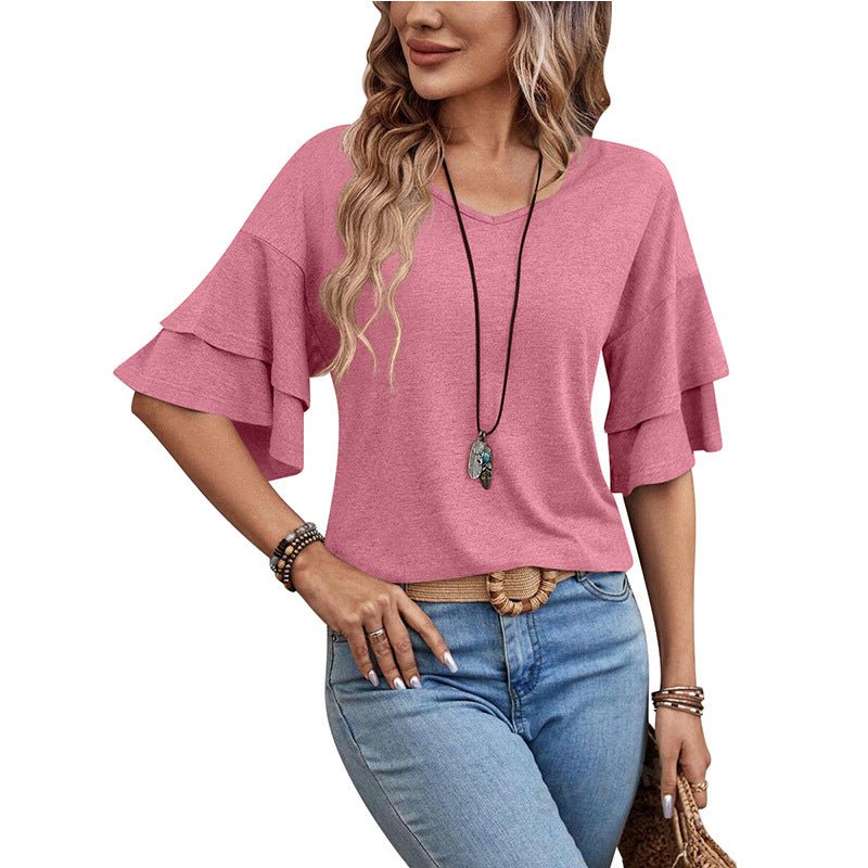 Loose V - neck Ruffle Sleeve T-shirt Fashion Solid Mid - sleeve Tops Women's Clothing - Maison Elène