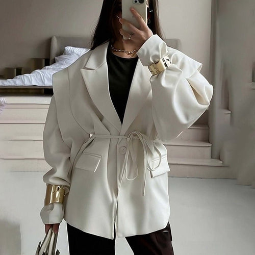 Thin Lace - up Loose Women’s High - Fashion Padded Shoulder Belted Blazer - Avant - Garde Long Sleeve Layered Jacket - Chic Waist - Tie Outerwear - Maison Elène