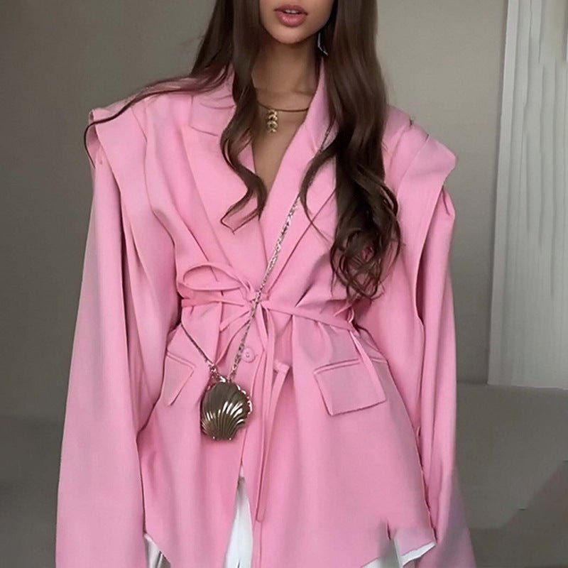 Thin Lace - up Loose Women’s High - Fashion Padded Shoulder Belted Blazer - Avant - Garde Long Sleeve Layered Jacket - Chic Waist - Tie Outerwear - Maison Elène