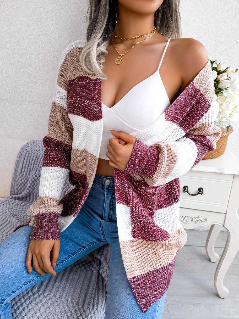 Plaid Sweater Women Casual Lantern Sleeves Cardigan Jacket Outerwear Clothes - Maison Elène