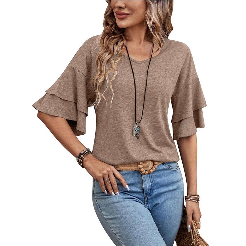 Loose V - neck Ruffle Sleeve T-shirt Fashion Solid Mid - sleeve Tops Women's Clothing - Maison Elène