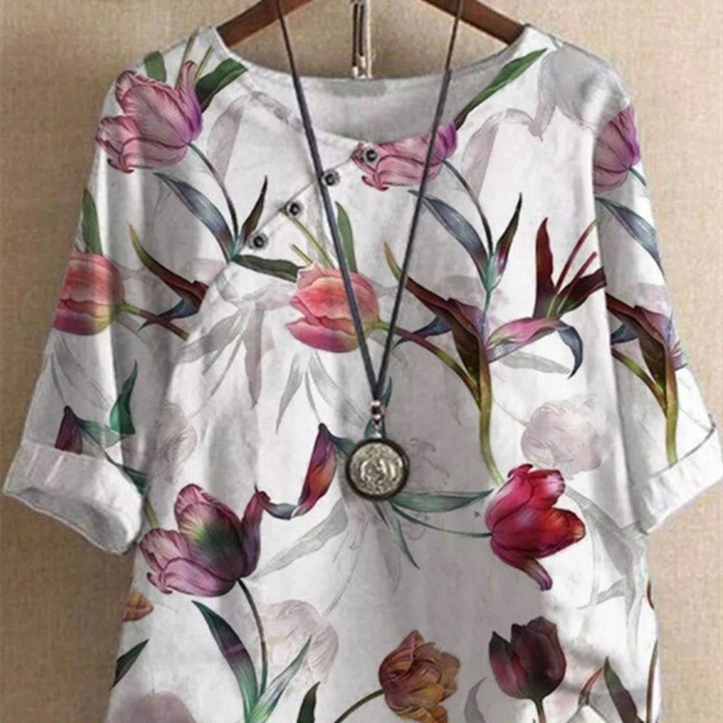 Women's Fashionable Retro Printed Cotton And Linen Short - sleeved T-shirt - Maison Elène