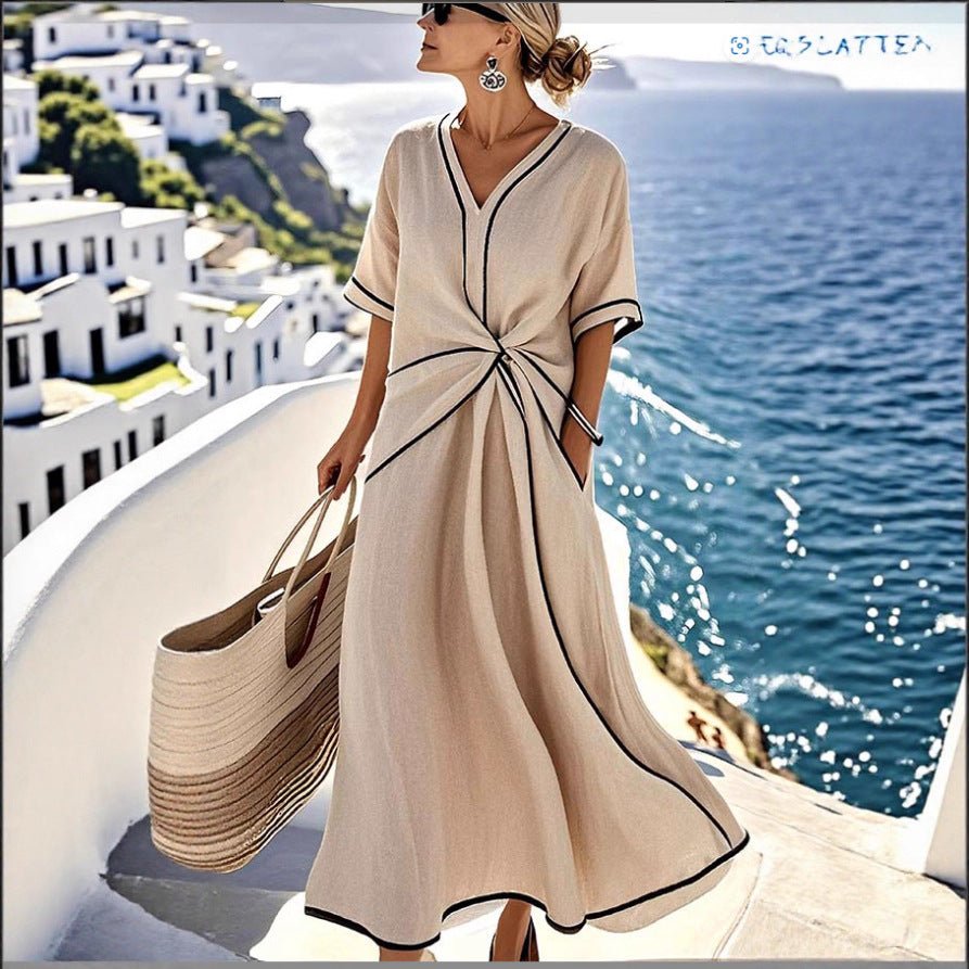 Summer Striped Print Dress Casual Beach Vacation Short - sleeved Maxi Dress Womens Clothing - Maison Elène