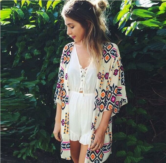 Summer Chiffon Shirt Beach Skirt Diamond Lattice Printed Sunscreen Cardigan Kimono - Maison Elène