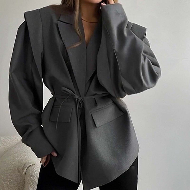 Thin Lace - up Loose Women’s High - Fashion Padded Shoulder Belted Blazer - Avant - Garde Long Sleeve Layered Jacket - Chic Waist - Tie Outerwear - Maison Elène