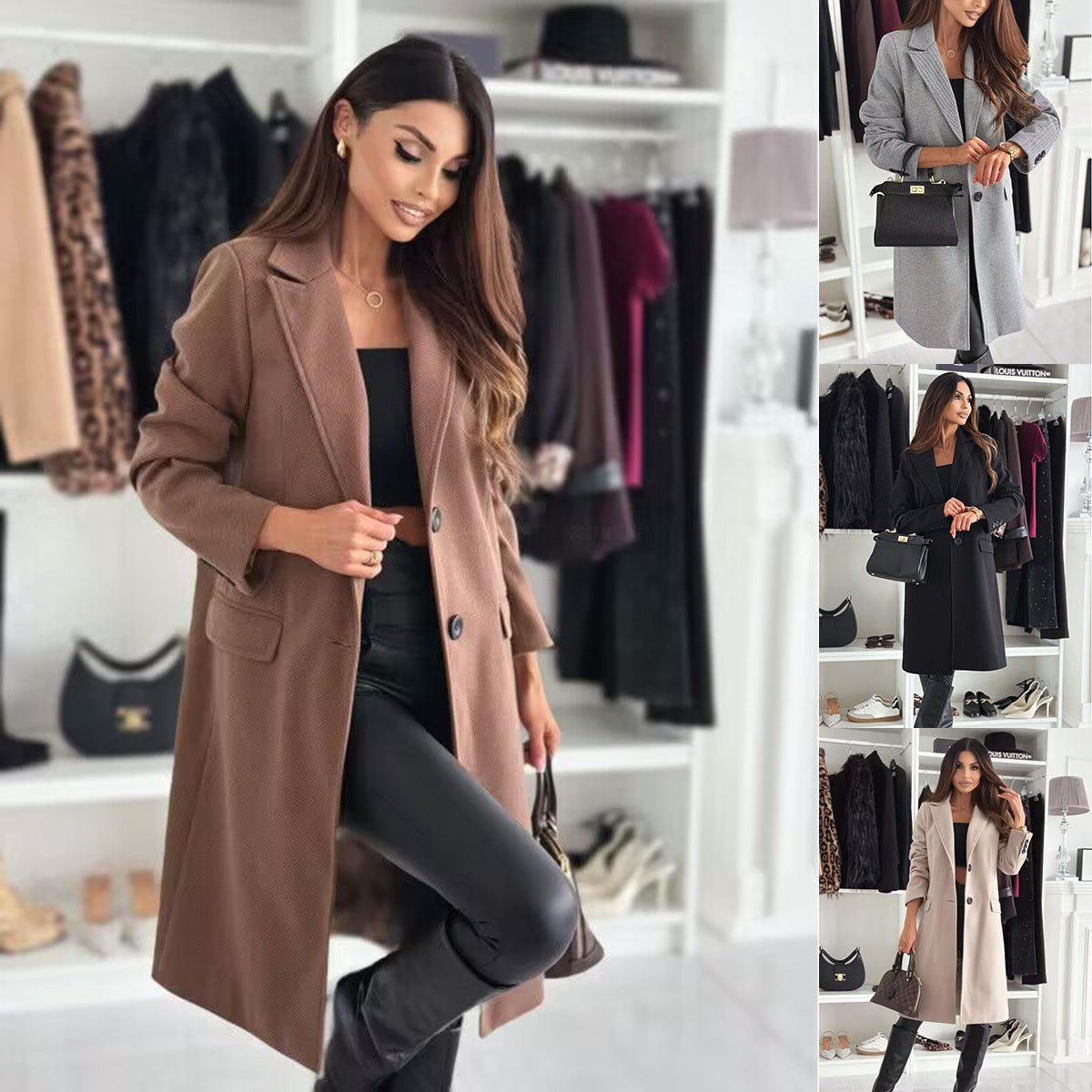 Lapel Single - breasted Wool Coat Winter Long Sleeve Solid Color Long Jacket Women Clothing - Maison Elène