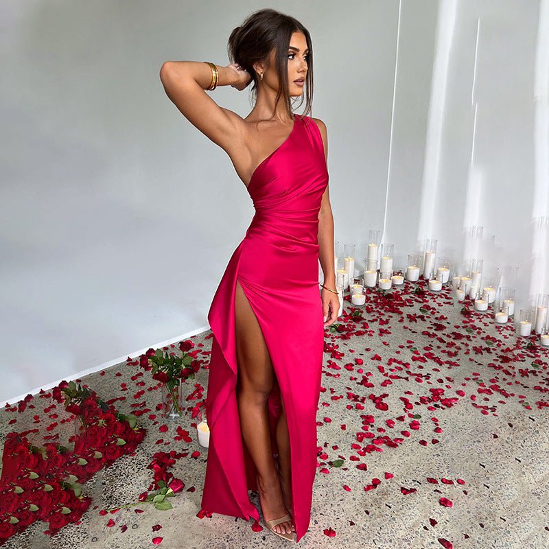Sexy One - shoulder Backless Slit Dress Summer Elegant Slim - fit Solid Color Satin Dresses For Women - Maison Elène