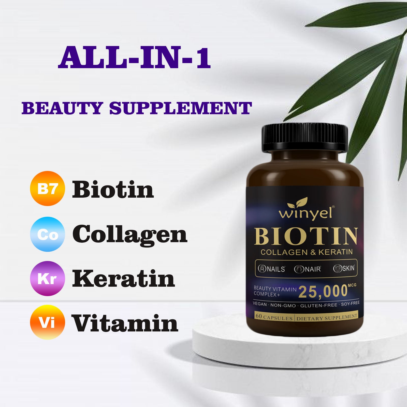 Biotin Collagen Hyaluronic Acid Keratin - Support Normal Hair Growth Cycle - Skin & Nails - 25000mcg Vitamins B1, B2, B3, B6 & B7 - For Women & Men 60 Capsules - Maison Elène