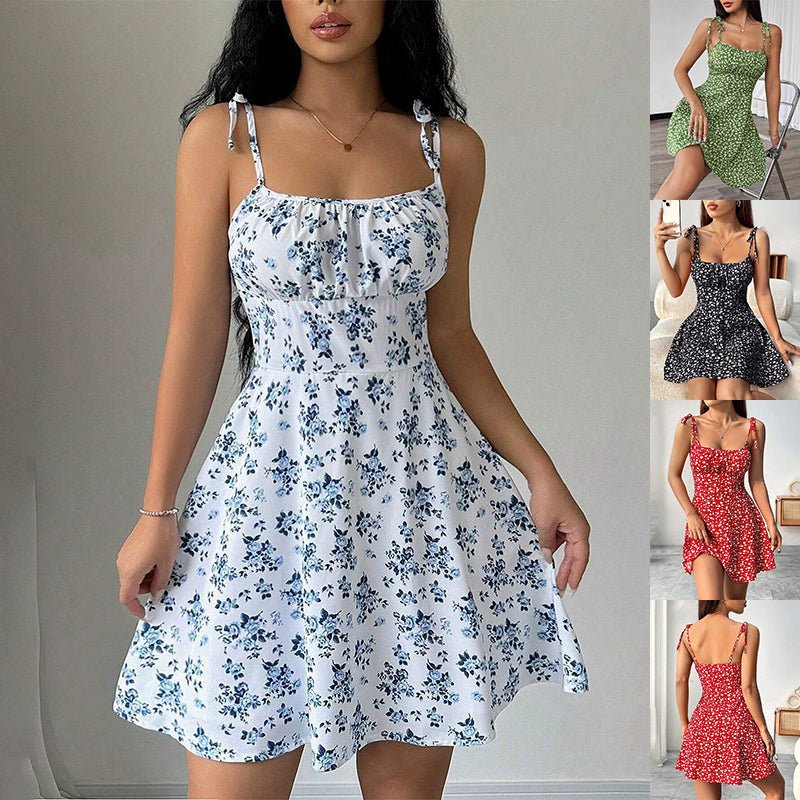 Floral Print Dress Summer Sweet A - Line Waist Trimming Dresses Women's Slimming Casual Clothing - Maison Elène