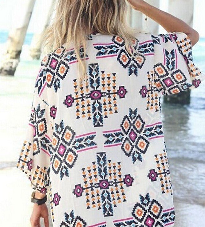 Summer Chiffon Shirt Beach Skirt Diamond Lattice Printed Sunscreen Cardigan Kimono - Maison Elène