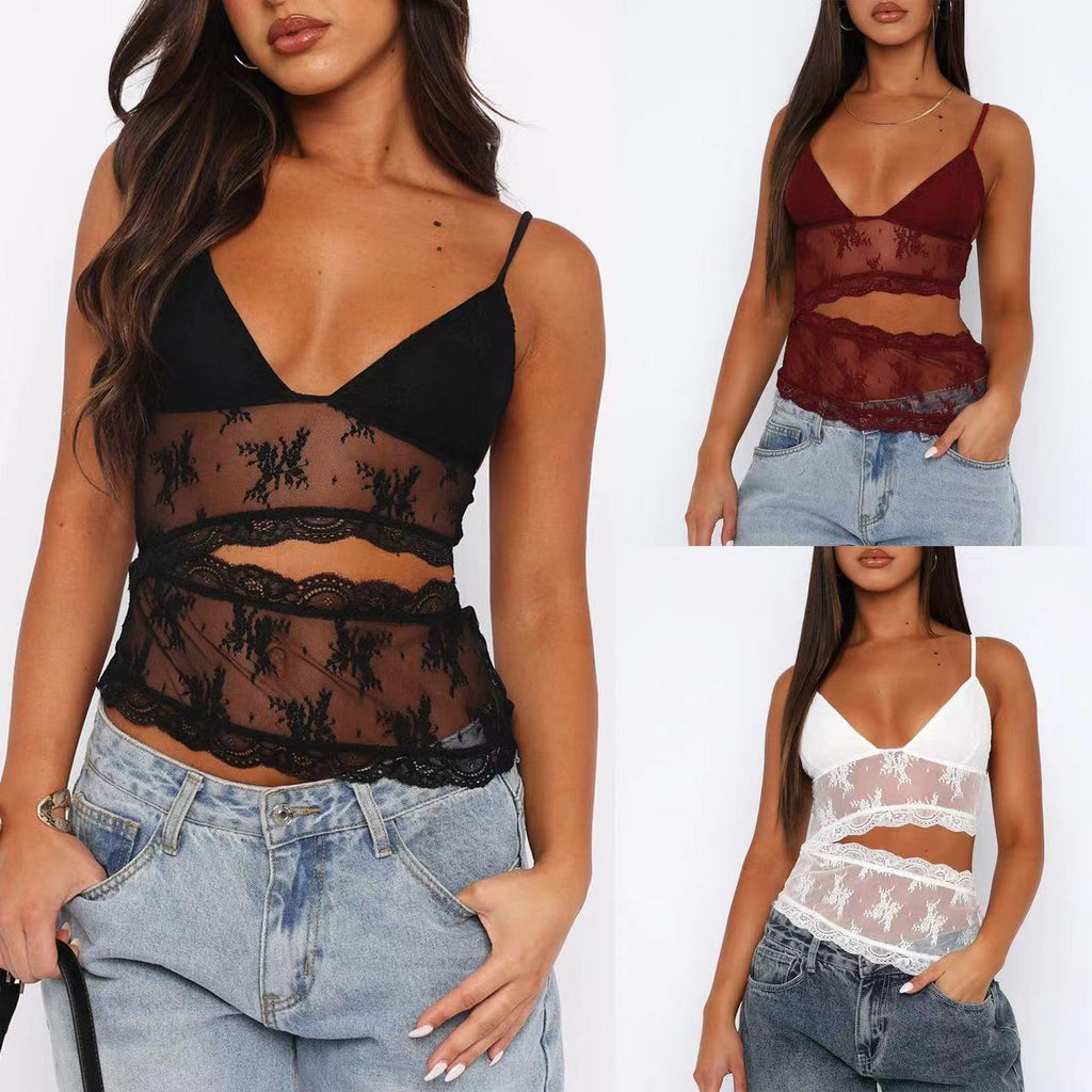 Lace Stitched Backless Small Sling Women V Neck Tank Top Underwear Vest Candy Color Bralette Clothes - GlucklichgoodsLLC