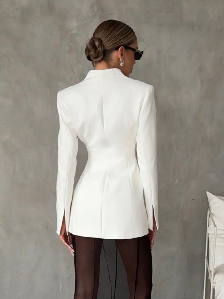 White Structured Hourglass Blazer Dress - Sculpted Waist Tailored Blazer for Women - Maison Elène