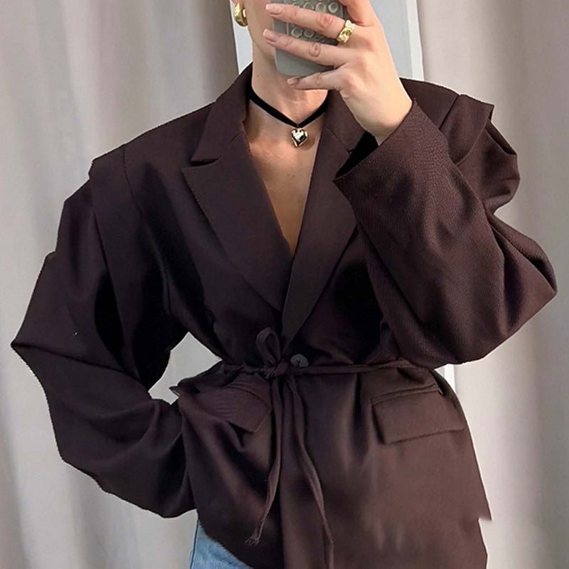 Thin Lace - up Loose Women’s High - Fashion Padded Shoulder Belted Blazer - Avant - Garde Long Sleeve Layered Jacket - Chic Waist - Tie Outerwear - Maison Elène
