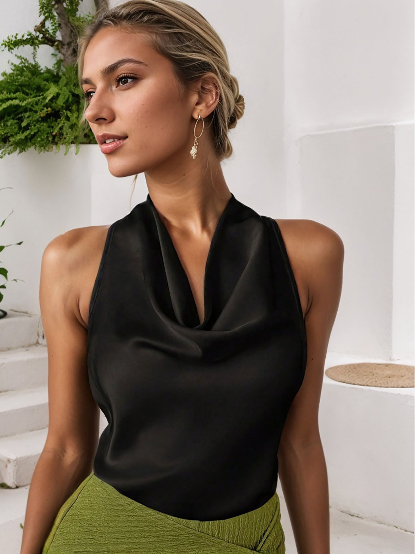 Women Solid Color Swing Collar Sleeveless Vest Trendy Elegant Shirt With Halter Neckline Backless Short Sleeve Tops Tshirts - Maison Elène