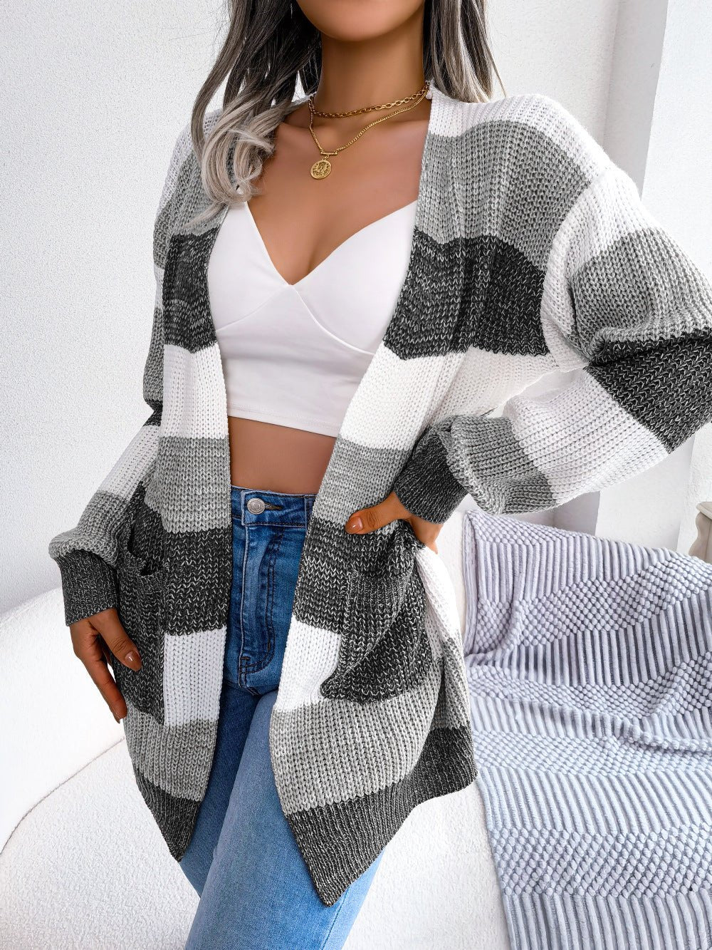 Plaid Sweater Women Casual Lantern Sleeves Cardigan Jacket Outerwear Clothes - Maison Elène
