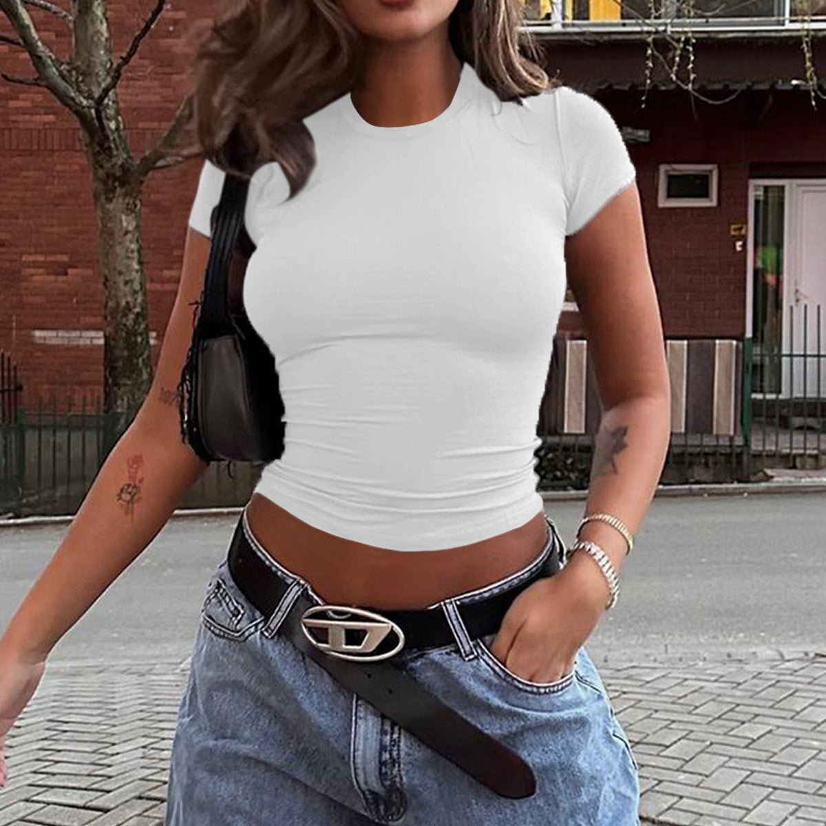 Spring And Summer Solid Color Top Waist Trimming Short Slim Fit Midriff - baring T-shirt - Maison Elène