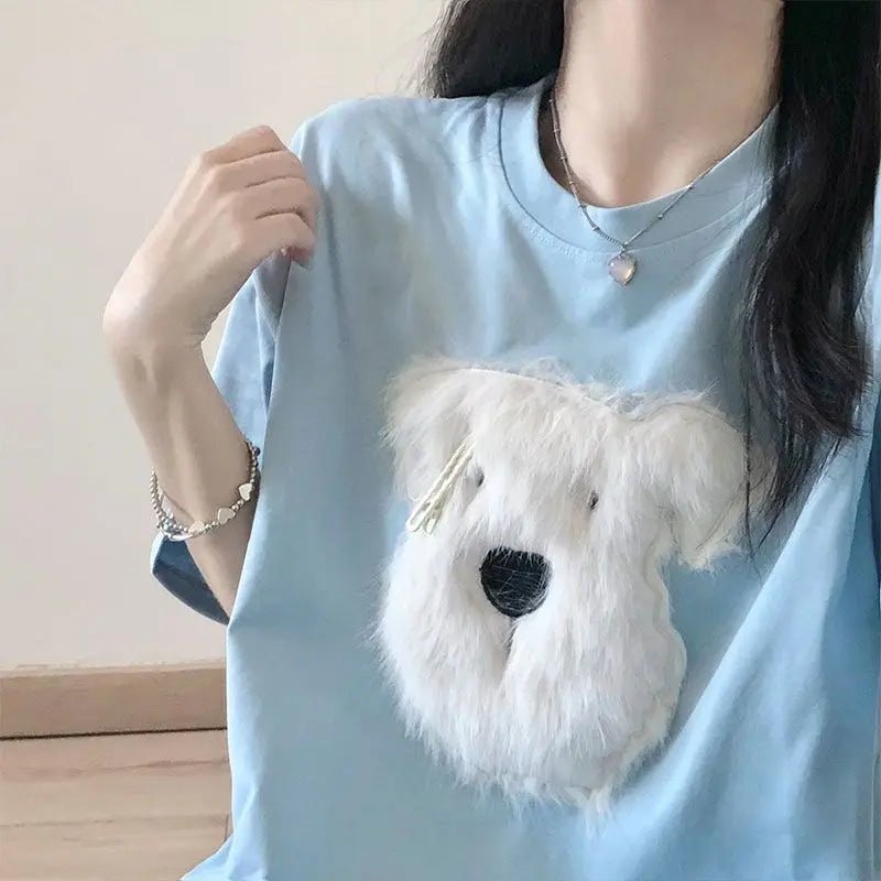 Cotton Plush Puppy Embroidered Short Sleeve - Maison Elène