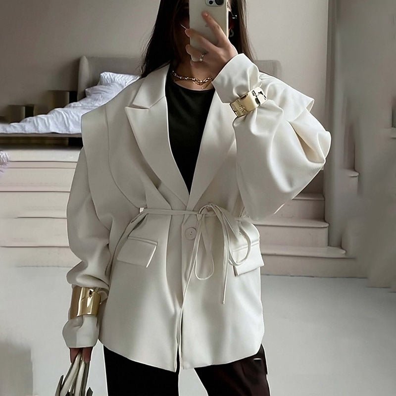 Thin Lace - up Loose Women’s High - Fashion Padded Shoulder Belted Blazer - Avant - Garde Long Sleeve Layered Jacket - Chic Waist - Tie Outerwear - Maison Elène