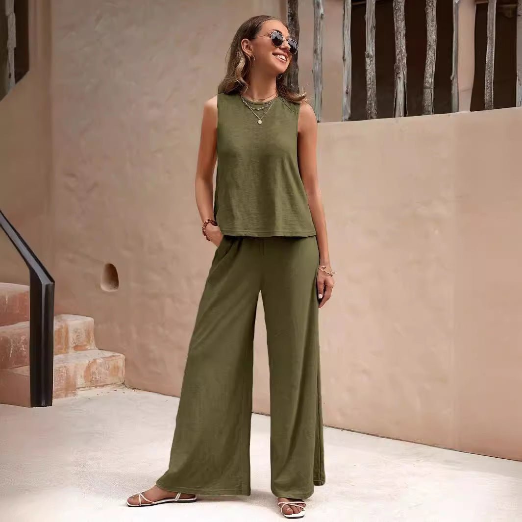 Solid Color Casual Loose Pants Sets For Women Elegant Spring Summer Women's Two Pieces Suit Full Trouser Set Female Outfit Clothes - Maison Elène