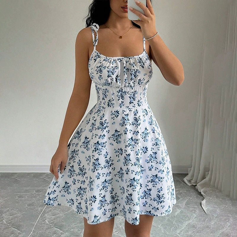Floral Print Dress Summer Sweet A - Line Waist Trimming Dresses Women's Slimming Casual Clothing - Maison Elène