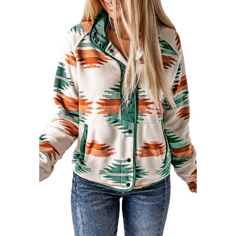 Winter Women's Printed Cardigan Jacket Fashion Color Contrast Fleece Coat - GlucklichgoodsLLC
