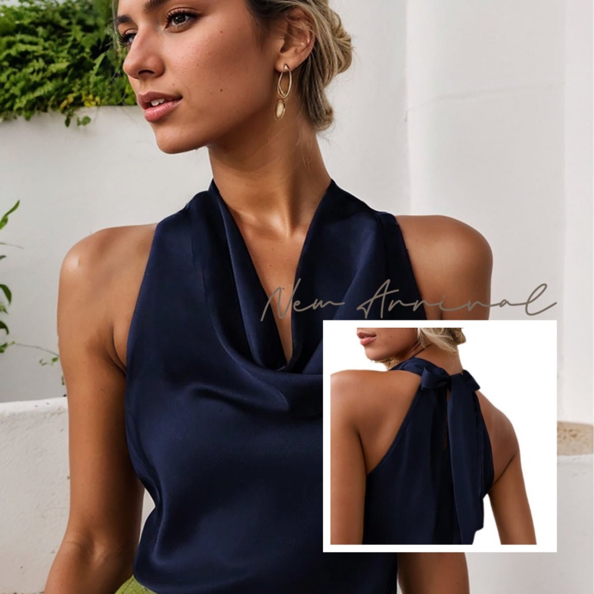 Women Solid Color Swing Collar Sleeveless Vest Trendy Elegant Shirt With Halter Neckline Backless Short Sleeve Tops Tshirts - Maison Elène